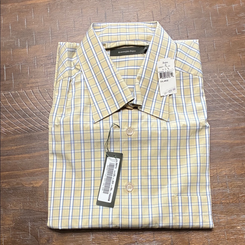 Ermenegildo Zegna Men's Beige and Blue Checkered Shirt
